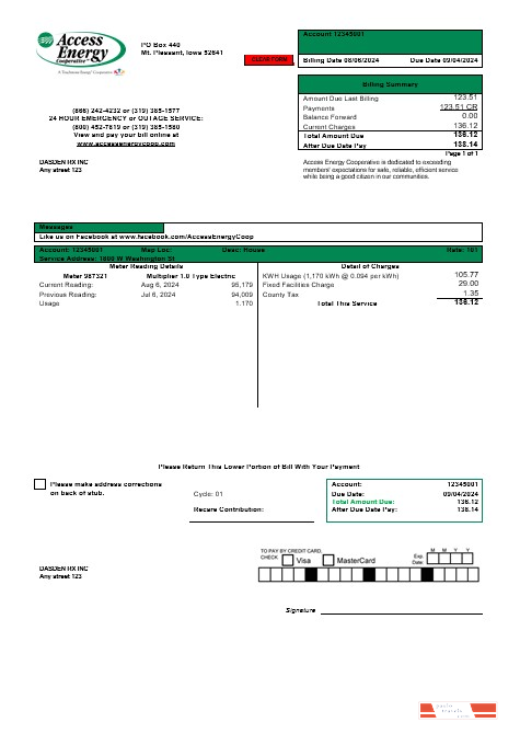 USA Iowa Access Energy Cooperative business utility bill template in Word and PDF formats